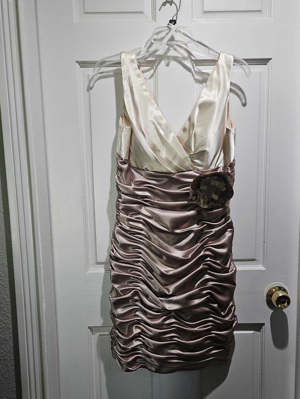 David's Bridal Two-Tone Satin Ruched Mini Dress in Ivory and Champagne